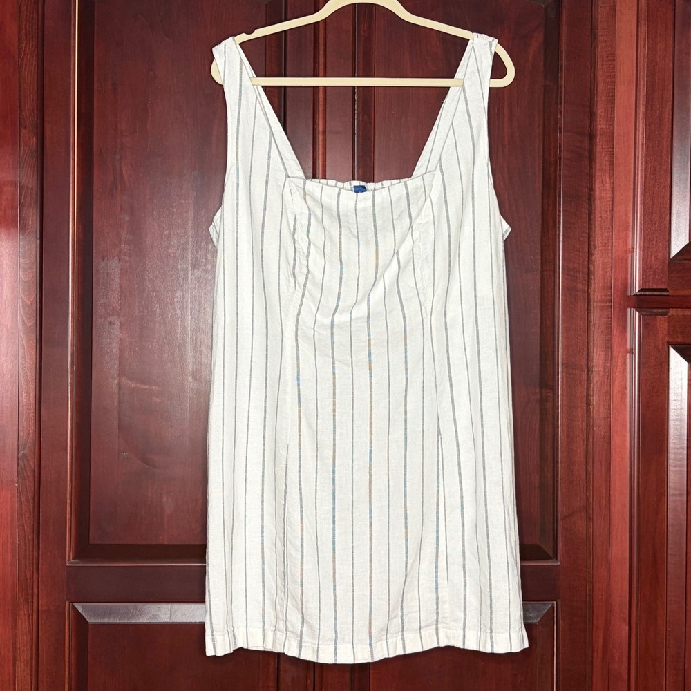 Old Navy Womens 2X Linen Blend Square Neck Mini Dress White Blue Smocked Back‎